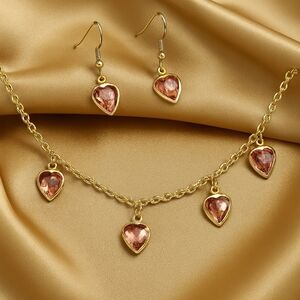 Amber Heart Charm Jewelry Set – Gold Necklace & Earrings Women's Fashion Jewelry